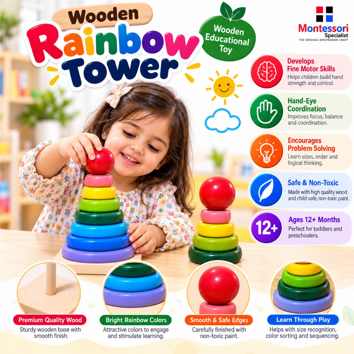 Montessori Wooden Rainbow Tower 2